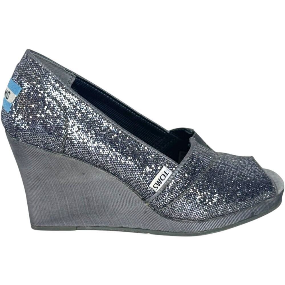 Toms Pewter Embellished Glitters Peep Toe Wedge Pumps Silver Women's Size 6.5